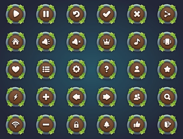 attractive game buttons brown round stone buttons in unique leaves border designs in cartoon style