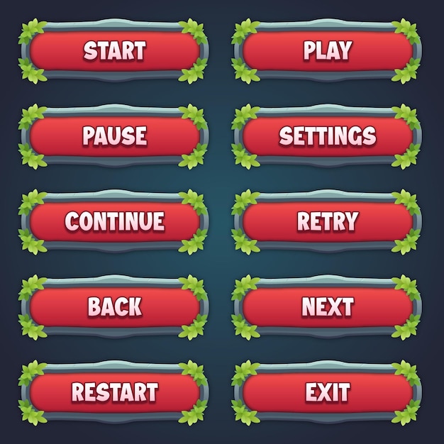 Attractive game red stone buttons with editable text effect in unique leaves border designs