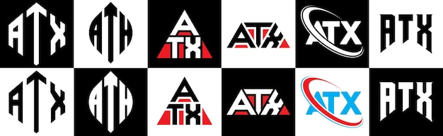 atx letter logo design in six style atx polygon circle triangle hexagon flat and simple style with black and white color variation letter logo set in one artboard atx minimalist and classic logo