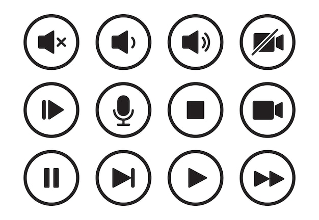 audio video music player button icon sound control play pause button solid icon set camera media
