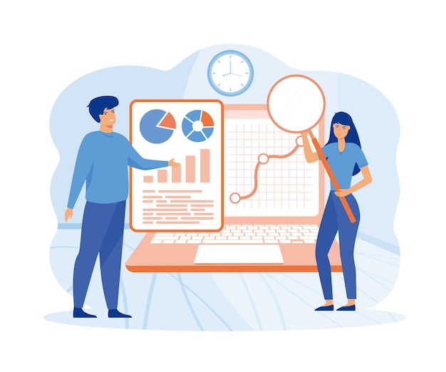 audit concept man and woman analyzing business operation using magnifying glass financial inspection flat vector modern illustration