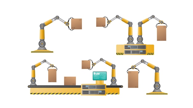 automatic conveyor line with robotic arms. automatic operation. industrial robotic arm with boxes. modern industrial technology. appliances for manufacturing enterprises.