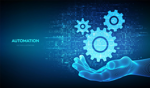 automation and iot software concept gears icons made with binary code in wireframe hand