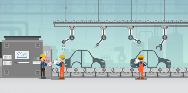 automation automobile factory concept with robot assembly line in car factory vector illustration