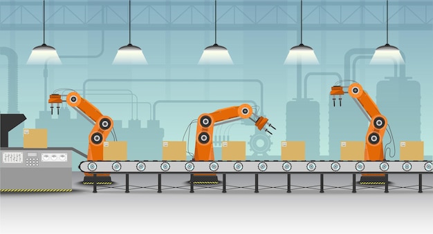 automation factory concept with robot working flat design vector illustration