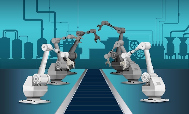 automation factory with robot assembly line in factory vector illustration