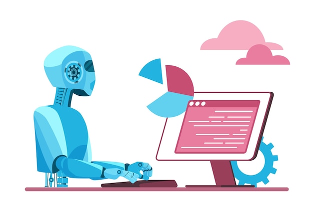 Automation of business project and task chat bot service robot sitting at computer desk
