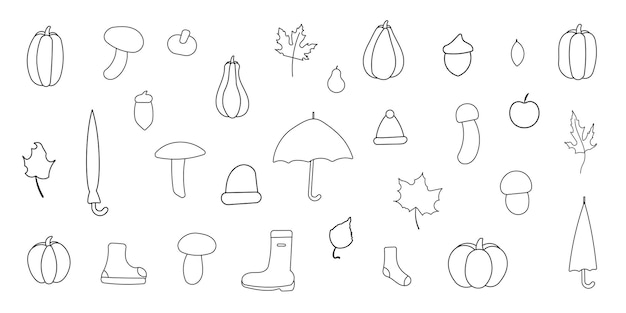 autumn pumpkin jacket mushrooms leaves candle pear scarf headphones set elements line doodle