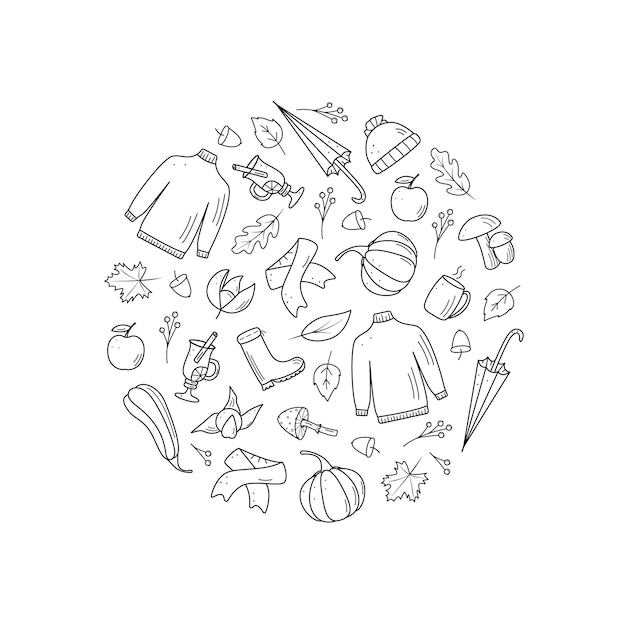Autumn set of elements Vector illustration fall icon doodle style Items of warm clothing tree leaves umbrella hot tea