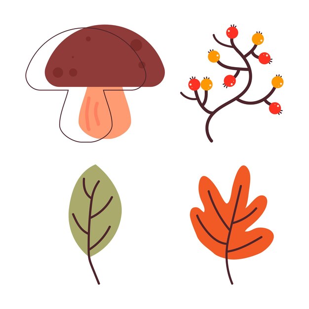 Autumn set of four elements mushroom branch with berries leaves