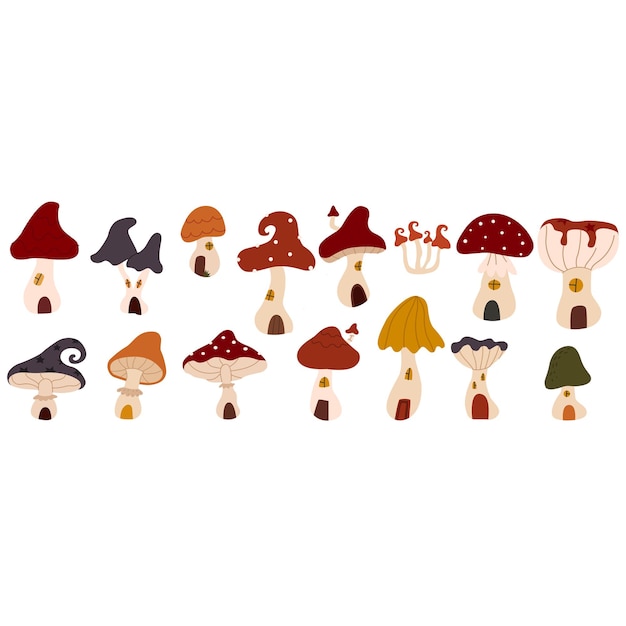 autumn set of mushrooms vector illustration of fairytale mushroom houses