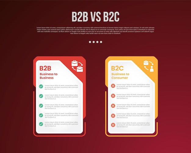 b2b vs b2c business infographic for comparison data or versus with creative big table price with badge on header side with modern dark gradient style background for slide presentation