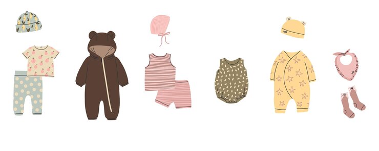 Vektör baby clothes beige newborn bodysuit hat and pants baby and toddler clothing natural ecological cotton bear overalls little girl dress and boy pants vector cartoon flat isolated illustration