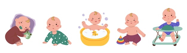 Baby life set cute infant activities little child bathing crawling playing sleeping happy toddlers