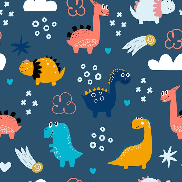 baby pattern with dinosaurs vector handdrawn colored seamless repeating baby pattern with cute dinosaurs in scandinavian style