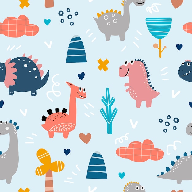 baby pattern with dinosaurs vector handdrawn colored seamless repeating baby pattern with cute dinosaurs letters in scandinavian style