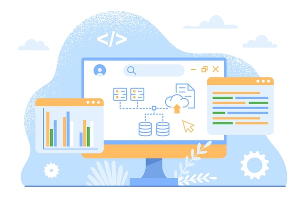 Back End Develop concept Programming and development of mobile programs and applications Computer with lines of code Website and web page optimization Cartoon flat vector illustration