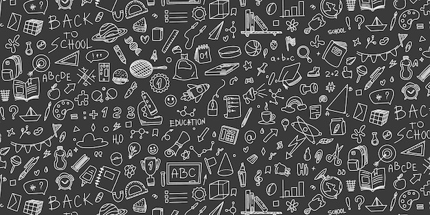 Back to school doodle pattern on dark background vector graphics with school elements