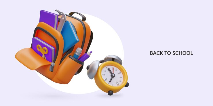 Back to school Open realistic backpack with school supplies alarm clock
