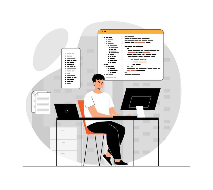 Vektor backend development of software and programming concept man web developer creating program code pr