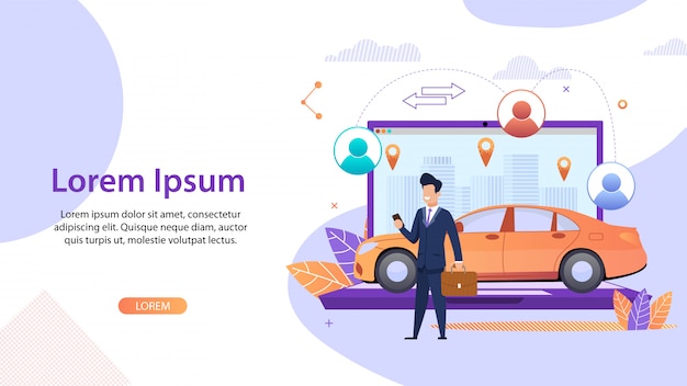 Background template. Car Sharing. Man Business Suit Order Urban Taxi.