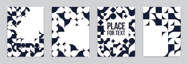 Backgrounds and cover templates vector set, abstract geometric designs, black and white compositions with copy spaces for text, complex modern art layout.