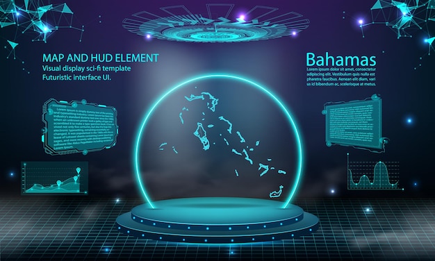Bahamas karta ljuseffekt ansluter bakgrund abstrakt digital teknik UI GUI futuristisk HUD Virtuellt gränssnitt med Bahamas karta Scen futuristisk podie i dimma