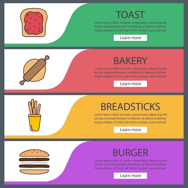 Bakery web banner templates set. Toast with jam, rolling pin and dough, breadsticks, burger. Website color menu items. Vector headers design concepts