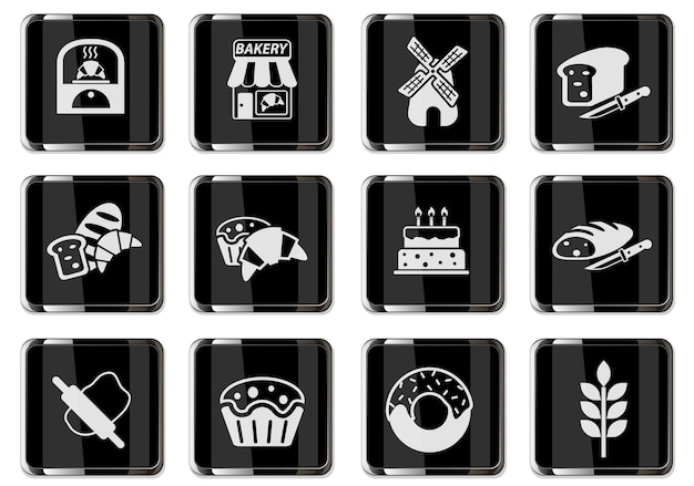 Bakeshop pictograms in black chrome buttons. icon set for your design. vector icons