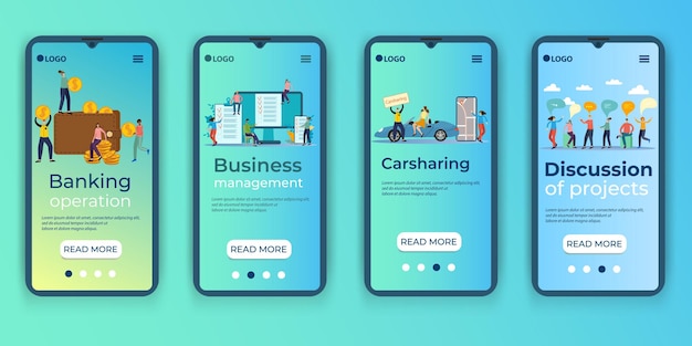 Banking Business management Car sharing Business meetingA set of UI UX interfaces for smartphone
