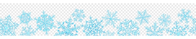 Banner af store komplekse gennemsigtige julesnefnug i lyseblå farver, isoleret på transparent baggrund. Med sømløs vandret gentagelse. Gennemsigtighed kun i vektorformat