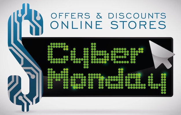 banner announcing cyber monday with money symbol with circuits and electronic screen with a pointer