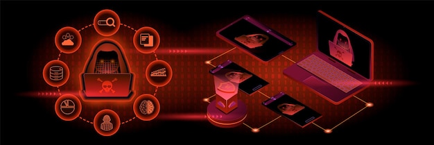 banner of hacker and data icons with abstract background