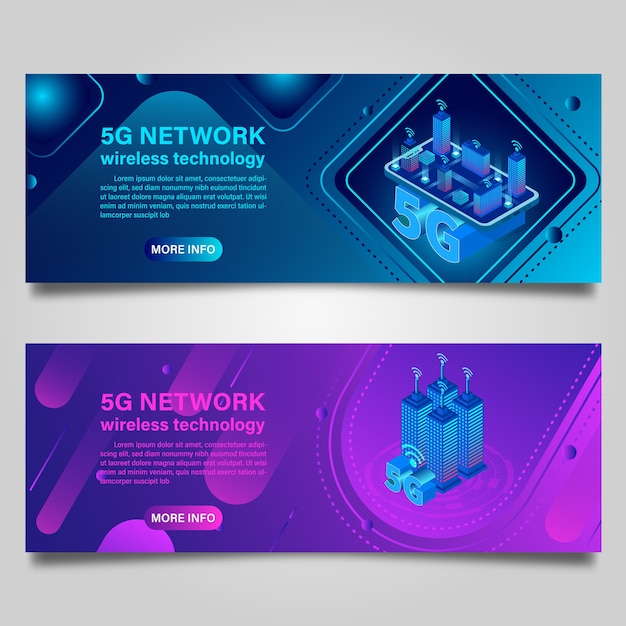 Banner Smart city concept buildings with 5G symbol wireless internet technology for business isometric design