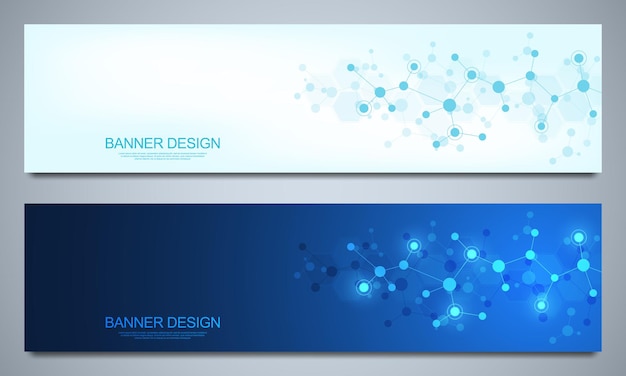 Banners design template with molecular structures and neural network