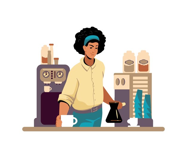 Barista kahve demliği tutuyor ve müşteriye içecekli bardak veriyor