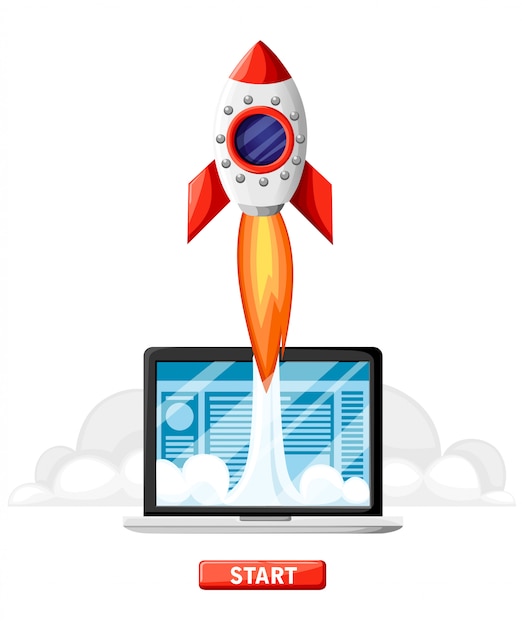 Başarılı startup iş modeli konsepti. Rocket Start özellikli laptop. İş projesi geliştirme, web sitesi tanıtımı. Beyaz arka plan üzerinde  stilinde illüstrasyon. Web sitesi sayfası ve mobil uygulama