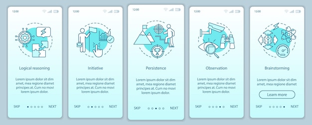 Baseline employee skill onboarding mobile app page screen vector template. HR soft qualities walkthrough website steps. Observation, initiative, brainstorming. UX, UI, GUI smartphone interface concept