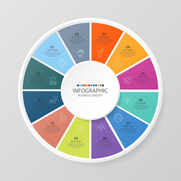 Basic circle infographic template with 12 steps, process or options, process chart, Used for process diagram, presentations, workflow layout, flow chart, infograph. Vector eps10 illustration.