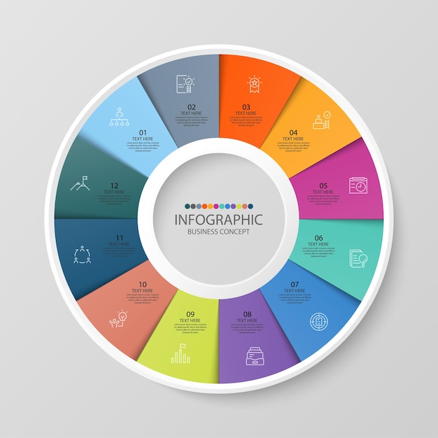 Basic circle infographic template with 12 steps, process or options, process chart, Used for process diagram, presentations, workflow layout, flow chart, infograph. Vector eps10 illustration.