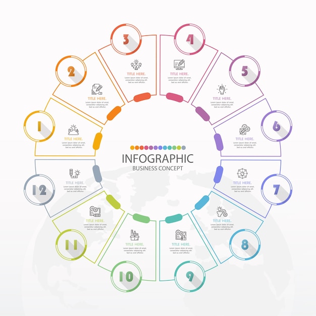 Basic circle infographic template with 12 steps, process or options, process chart, Used for process diagram, presentations, workflow layout, flow chart, infograph. Vector eps10 illustration.