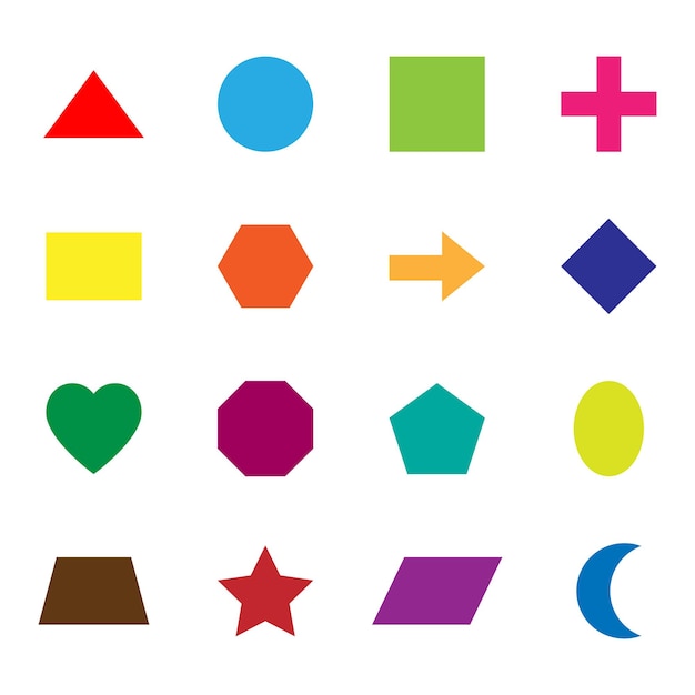 Basic flat geometrical shapes for kids math book activities.