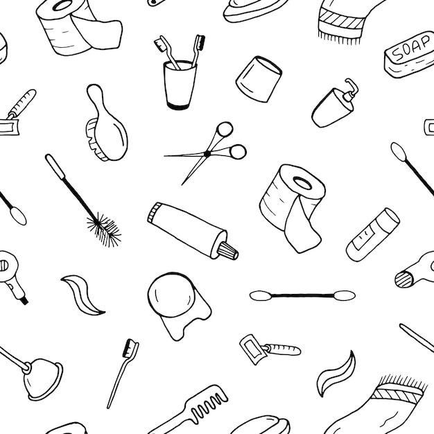 bath accessories seamless pattern in doodle style.you can use each element separatly.