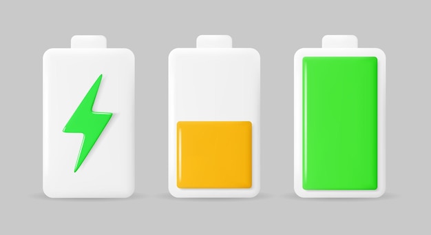 Battery charge indicators in 3D style Glossy battery icons with charge levels