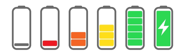Battery icons set Battery charge level Charging icon Vector outline illustration in flat style