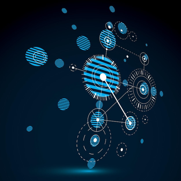 Bauhaus art dimensional composition, perspective blue modular vector wallpaper with circles and grid. Retro style pattern, graphic backdrop for use as booklet cover template.