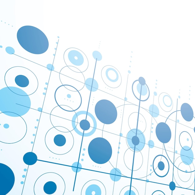 Bauhaus art dimensional composition, perspective blue modular vector wallpaper with circles and grid. Retro style pattern, graphic backdrop for use as booklet cover template.