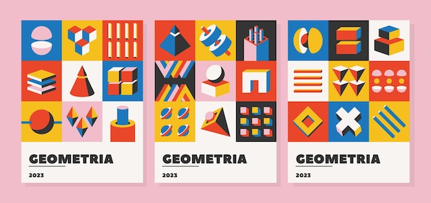 Bauhaus Pattern Banners or Posters Featuring Volumetric Figures Geometric Shapes Bold Colors And Dynamic Compositions