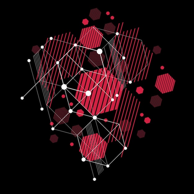 Bauhaus retro wallpaper, art vector red background made using grid, circles and rhombuses. Geometric graphic 1960s illustration can be used as booklet cover design. Technological pattern.