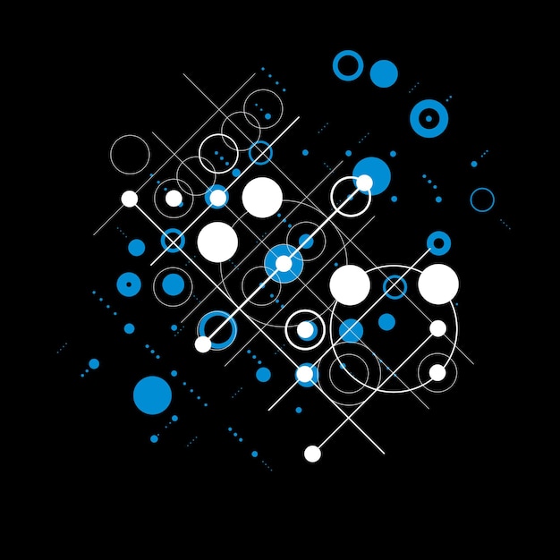 bauhaus retro wallpaper, blue and black art vector background made using grid and circles. geometric graphic 1960s illustration can be used as booklet cover design.